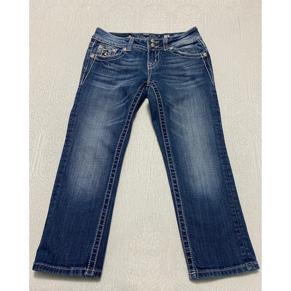 Miss Me Jeans Easy Capri Style JE5002EP34 Distressed Blue 25 Embellished Pockets - Picture 2 of 11